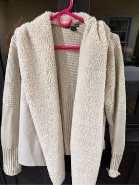 Chelsea & Theodore Cream Open-Front Sweater with Sherpa Trim and Suede Front